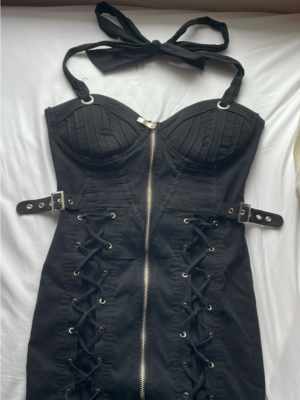 Black Lace-Up Corset Halter Dress